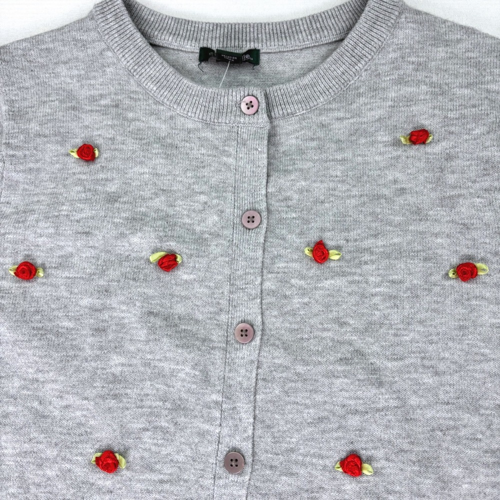 NWT Wild Fable Soft Gray Cardigan Red Rosettes Long Sleeve Womens Sz S